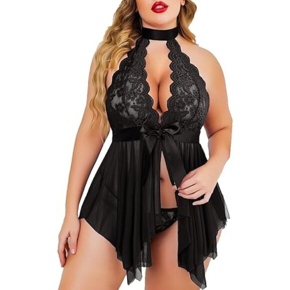 Avidlove Plus Size 16W High Waist Deep V Lace Babydoll Chemise With Mesh Skirt - Picture 1 of 7